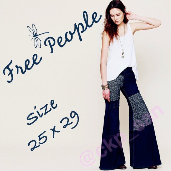 Free People Cascade Patched Wideleg Jeans Sz 25